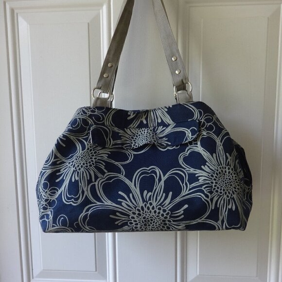 For Freedom purse satchel by Sak Saum 100% cotton canvas, blue with grey flowers - Picture 1 of 16